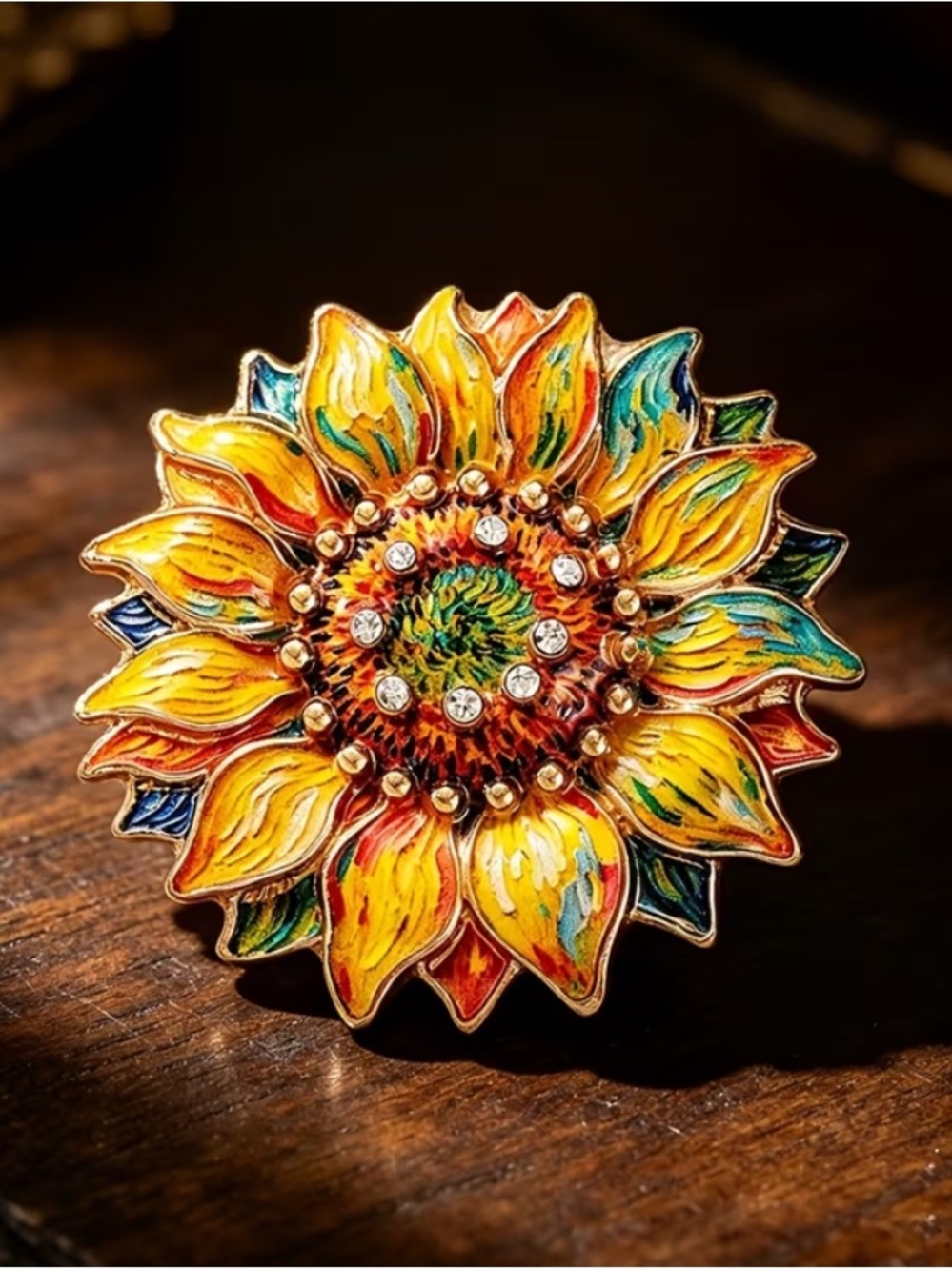 SUNFLOWER Gold Tone Rhinestone Brooch